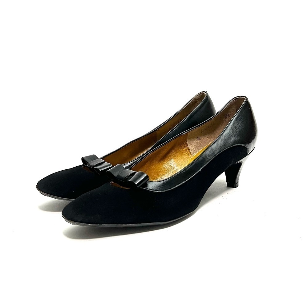 Vintage 1960s black suede leather accent cutout bow kitten heels